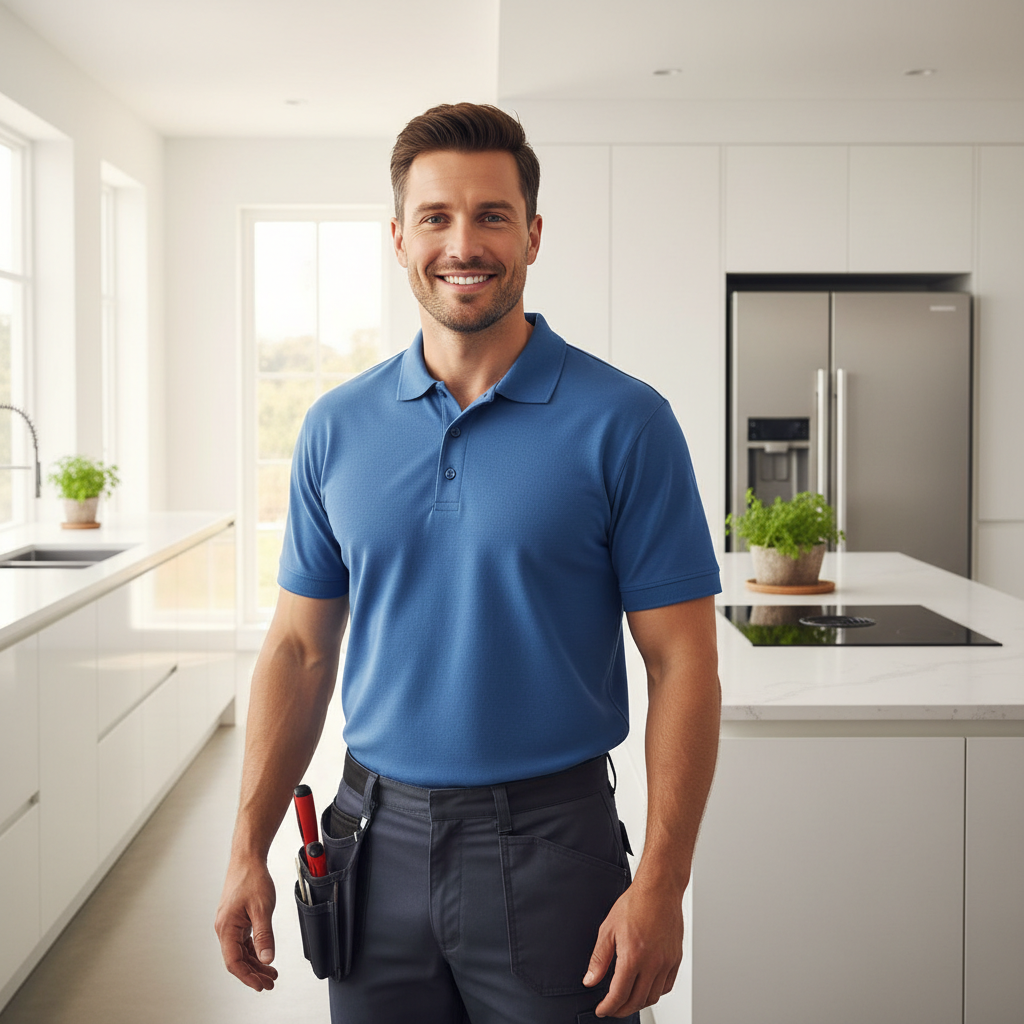 Smiling appliance repair technician standing in a modern bright kitchen
