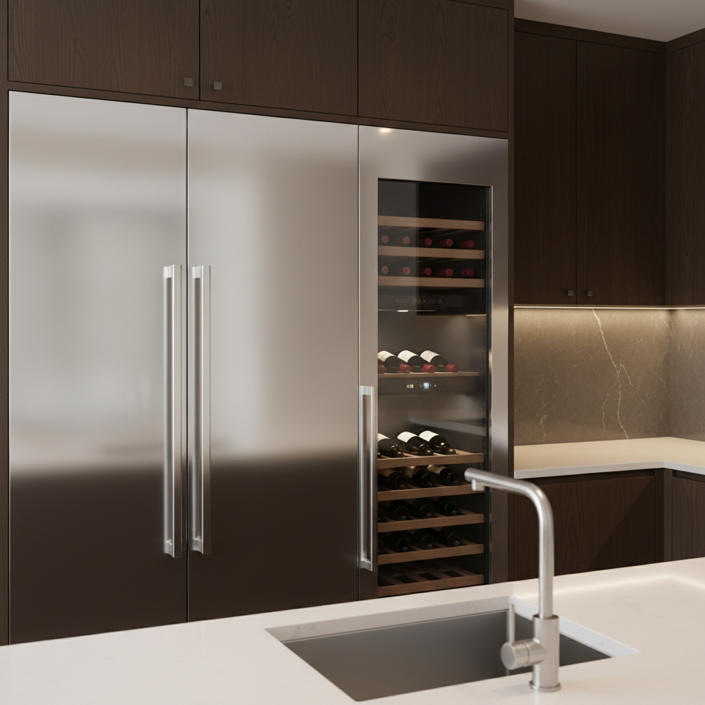 High-end kitchen close-up with built-in refrigerator and wine cooler
