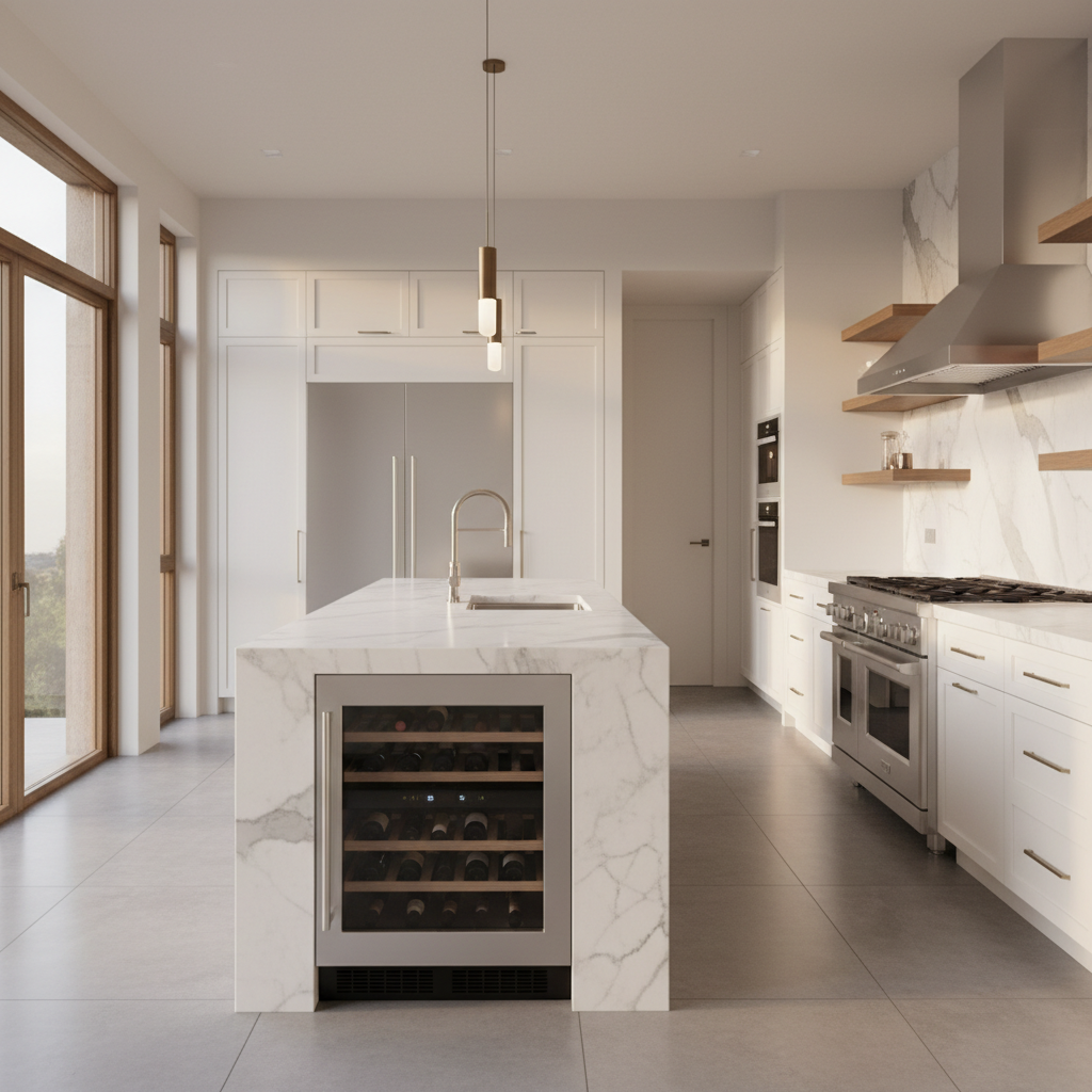Luxury modern kitchen with Sub-Zero-style refrigerator and wine cooler