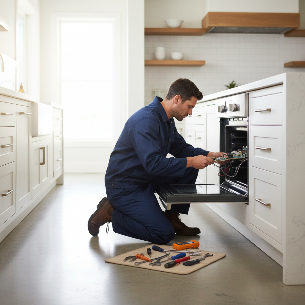 Appliance repair technician working in a bright modern kitchen
